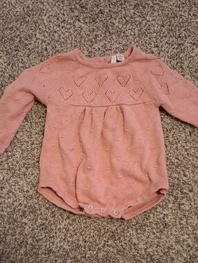 Janie and Jack Pink Knit Heart Detail Long Sleeve One-Piece